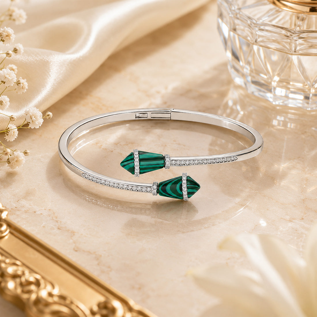 Elegant Malachite Green Glamour 925 Sterling Silver Kada for Women