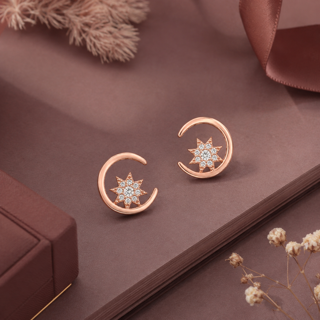 Elegant Moon Star Rose Gold Glow 925 Sterling Silver Stud for Women