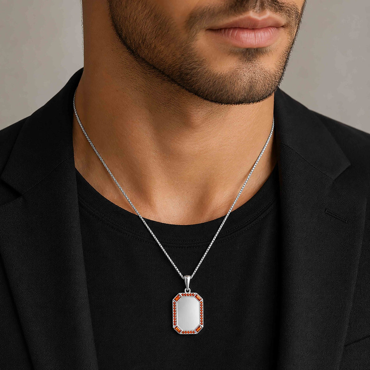 Elegant Octagon Hessonite 925 Sterling Silver Pendant for men