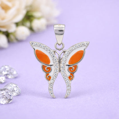Elegant Orange Butterfly Charm 925 Sterling Silver Pendant