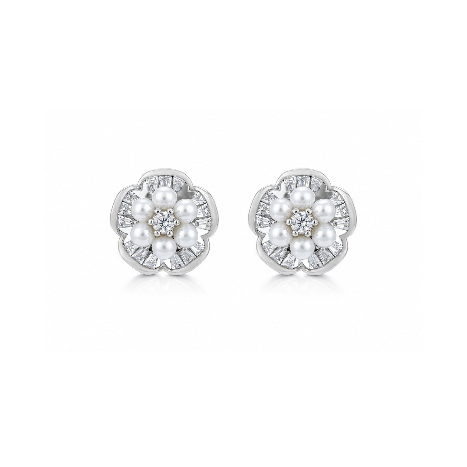 Elegant Pearl Floral 925 Sterling Silver Stud Earrings