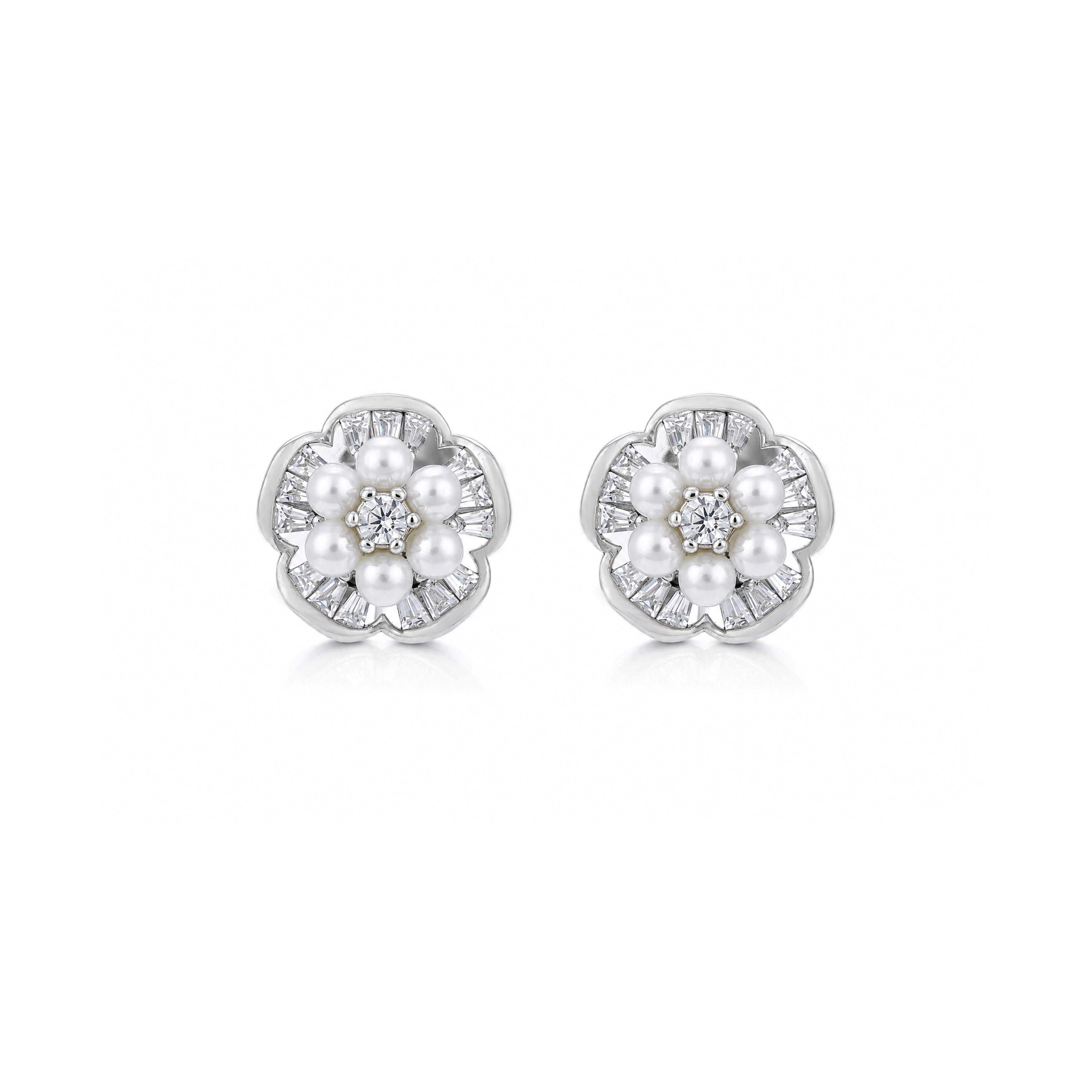Elegant Pearl Floral 925 Sterling Silver Stud Earrings