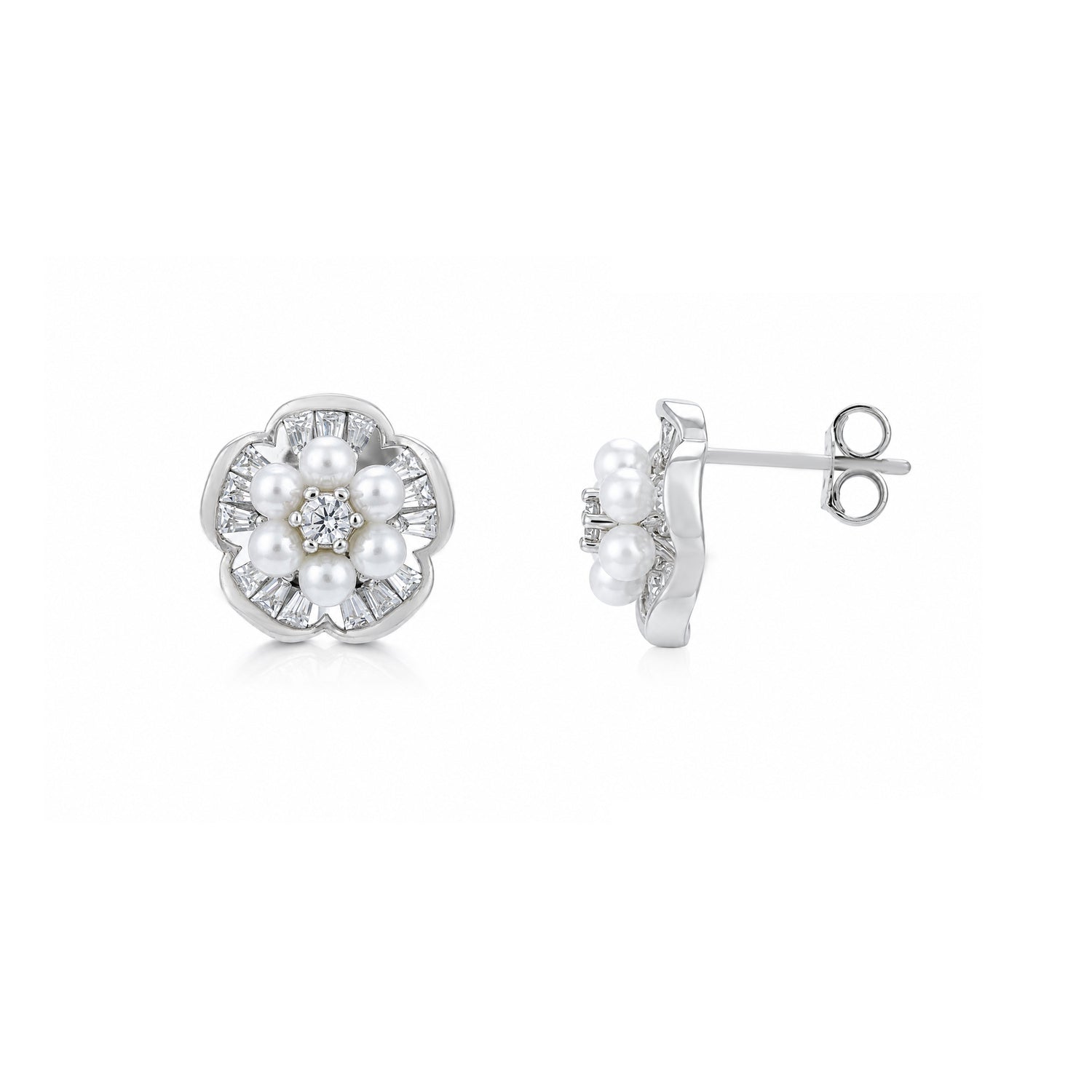 Elegant Pearl Floral 925 Sterling Silver Stud Earrings