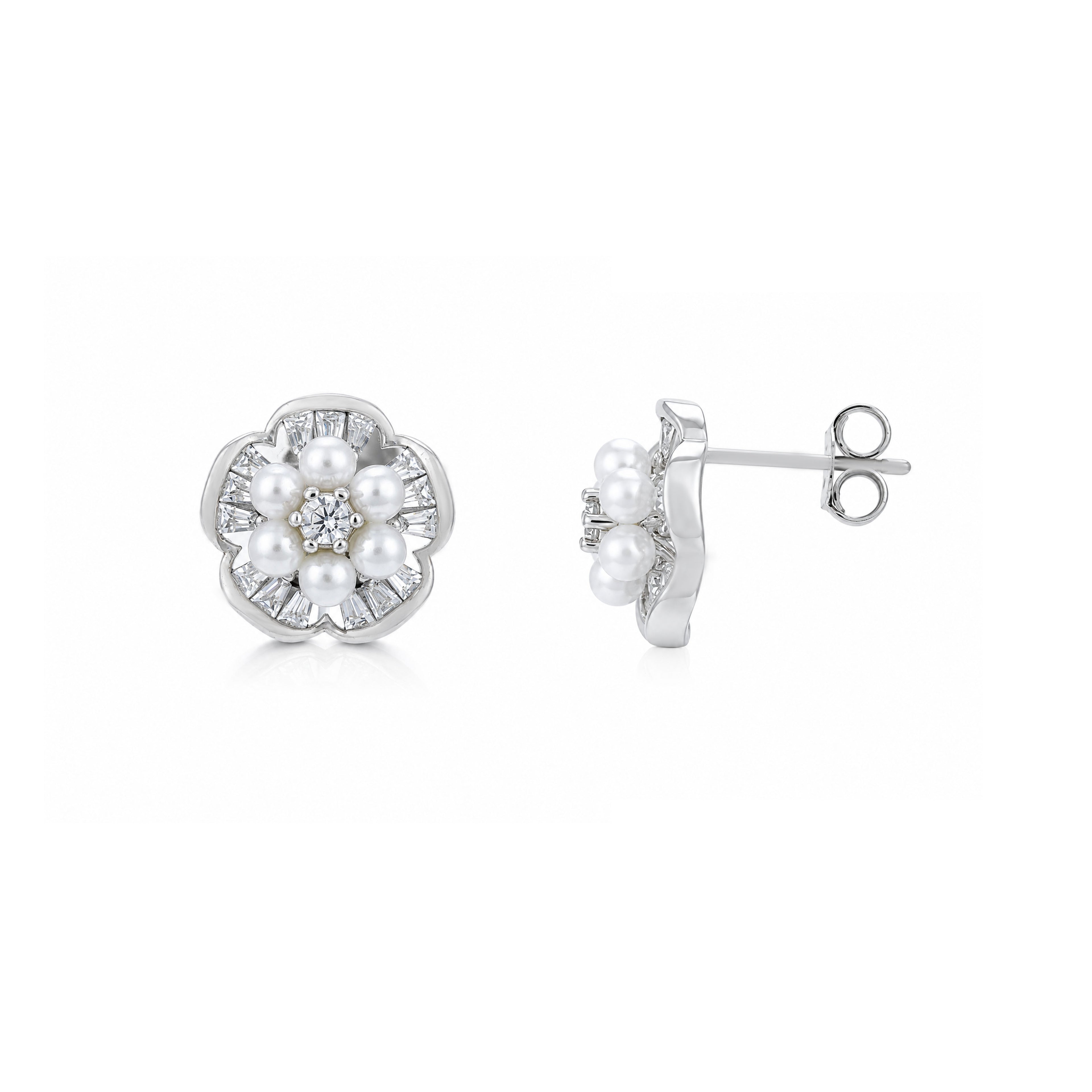 Elegant Pearl Floral 925 Sterling Silver Stud Earrings