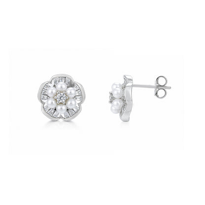 Elegant Pearl Floral 925 Sterling Silver Stud Earrings