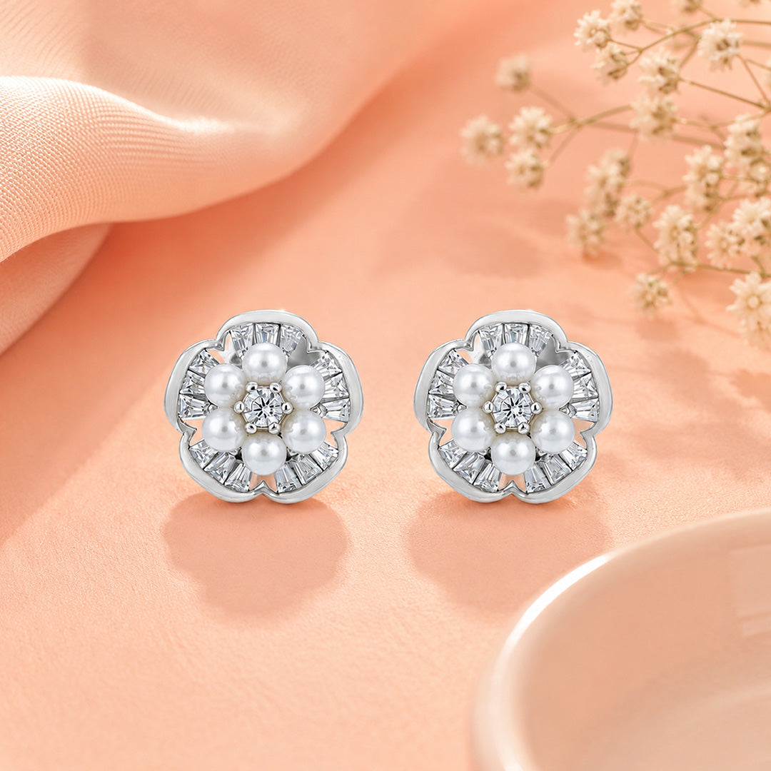 Elegant Pearl Floral 925 Sterling Silver Stud Earrings