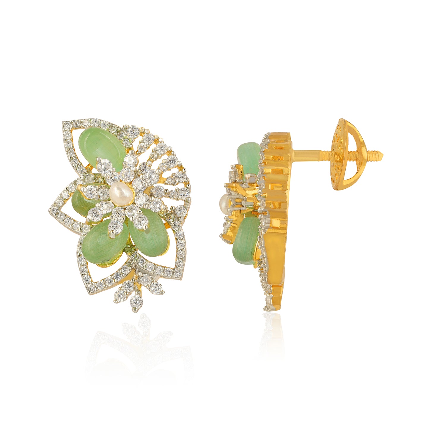 Gold earrings with green stones and a pearl on a white background
