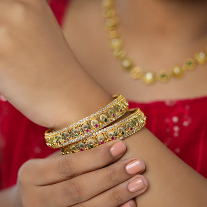 Elegant Pleated 925 Gold Plated Red Green Stones Fusion Bangles