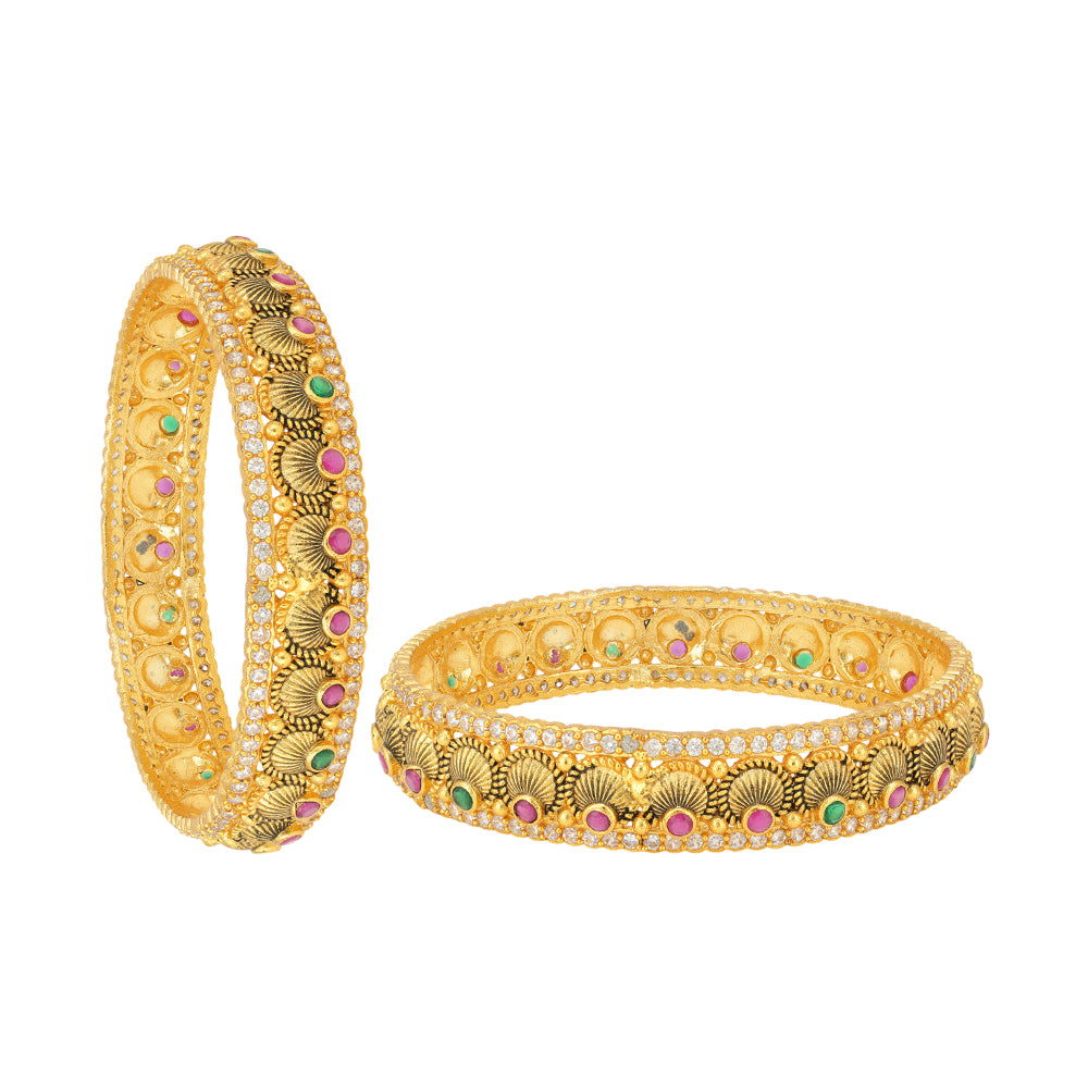 Elegant Pleated 925 Gold Plated Red Green Stones Fusion Bangles