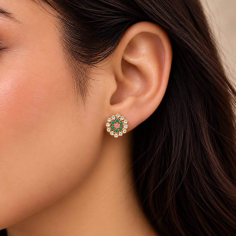 Elegant Polki Floral 925 Sterling Silver Statement Earring