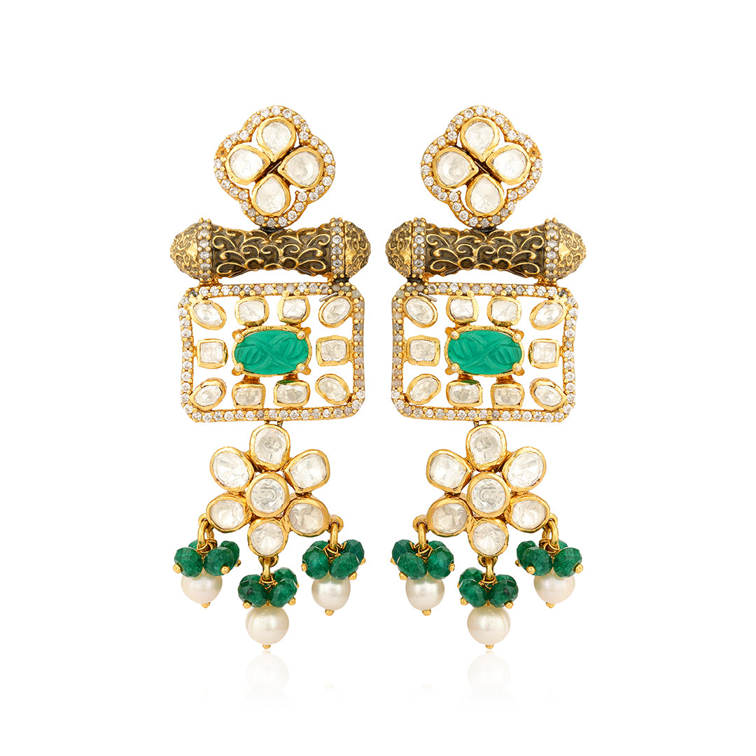 Elegant  Polki Green Chandelier Silver Earrings