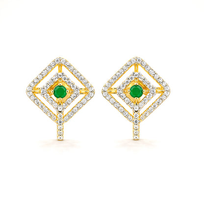 Pair of gold earrings with green gemstones on a white background