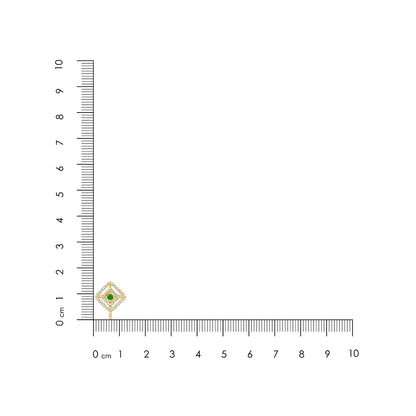 Gold ring with a green gemstone next to a ruler on a white background