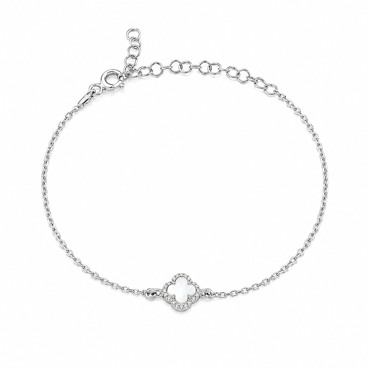 Elegant White Clover Sparkle Silver Chain Bracelet