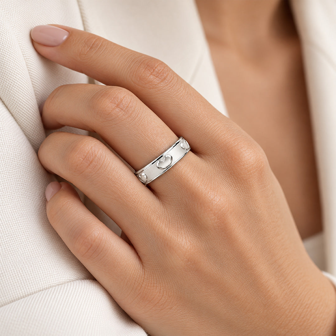 Embossed Heart Band Sterling Silver Ring