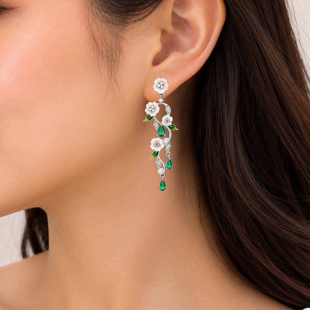 Emerald Blossom 925 Sterling Silver Floral Cascade Earrings