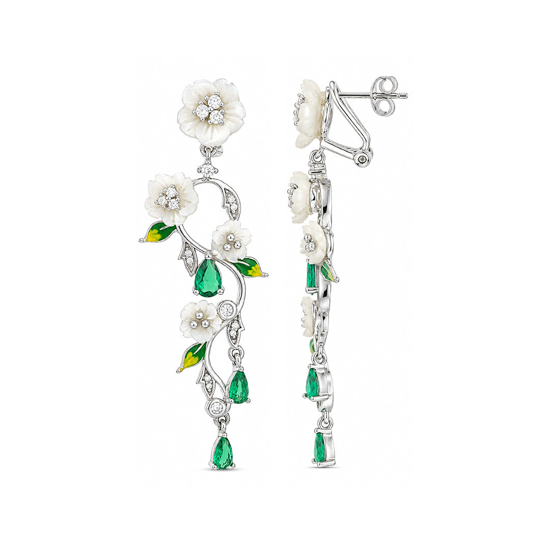 Emerald Blossom 925 Sterling Silver Floral Cascade Earrings