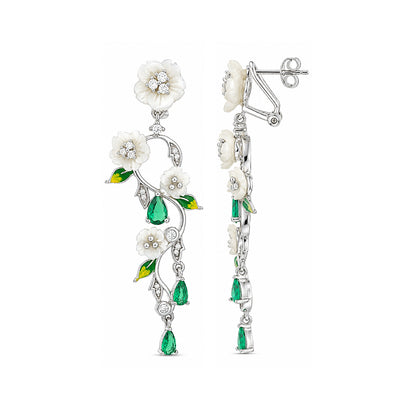 Emerald Blossom 925 Sterling Silver Floral Cascade Earrings