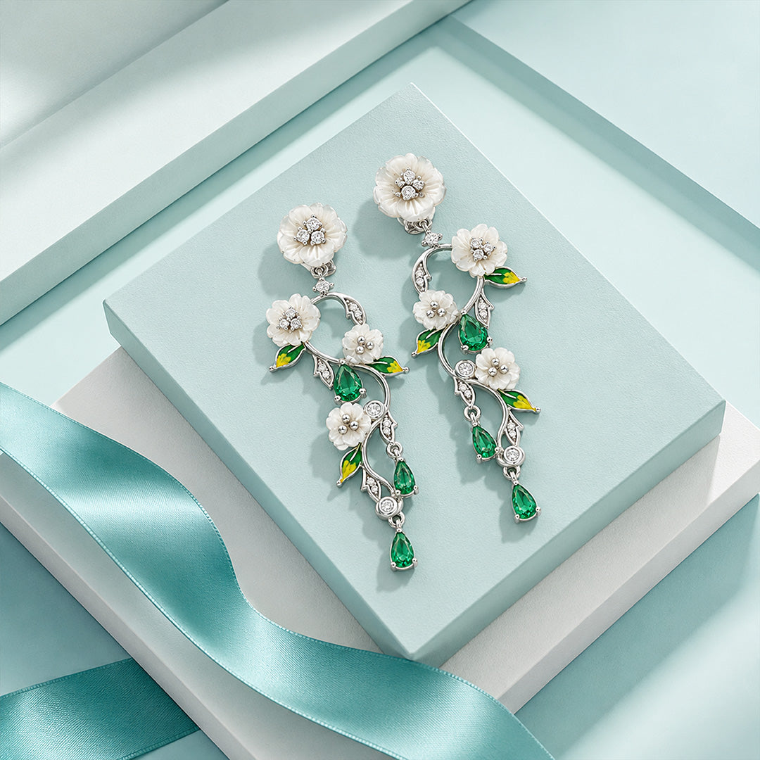 Emerald Blossom 925 Sterling Silver Floral Cascade Earrings