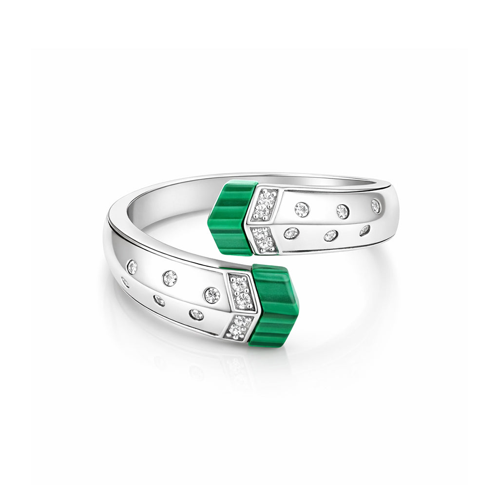 Silver ring with green accents and small diamonds on a white background