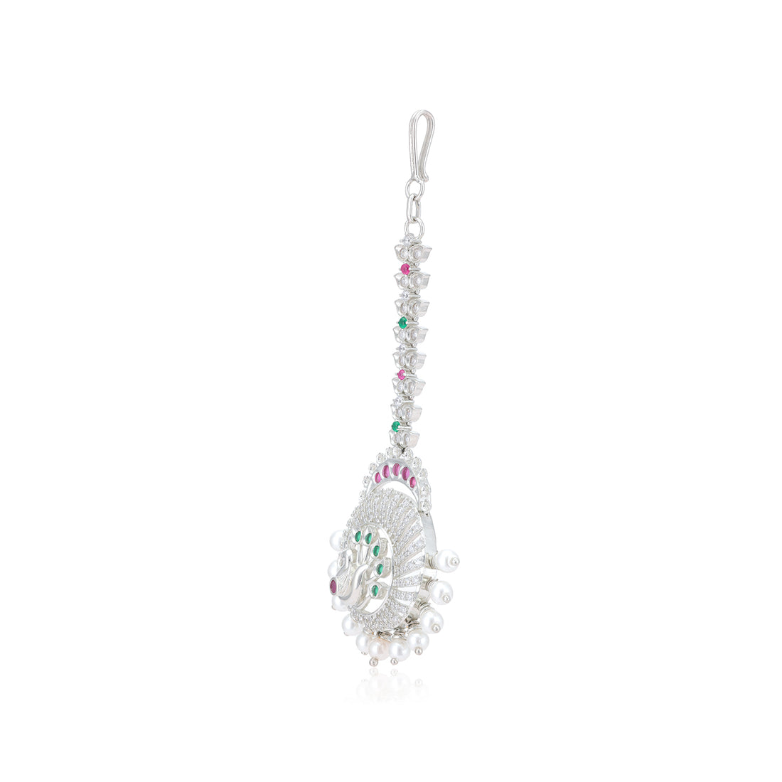 Emerald Feathered Rhodium Plated Peacock Tikka