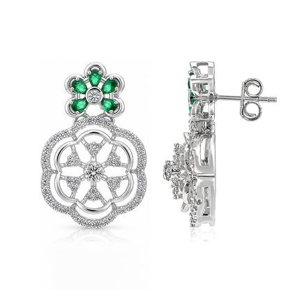 Emerald Green Floral Halo Drop Silver Earring