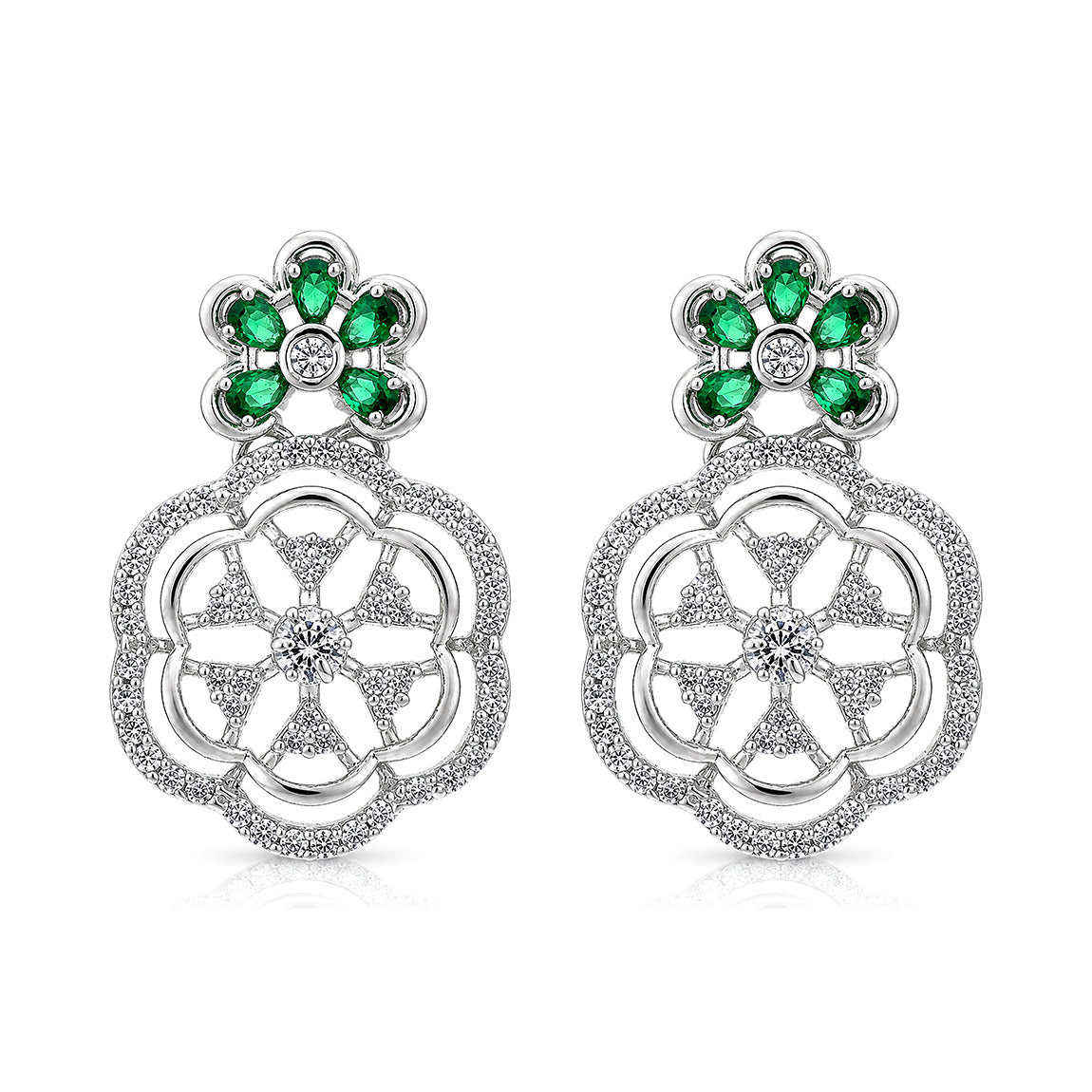 Emerald Green Floral Halo Drop Silver Earring