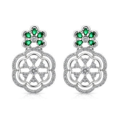 Emerald Green Floral Halo Drop Silver Earring