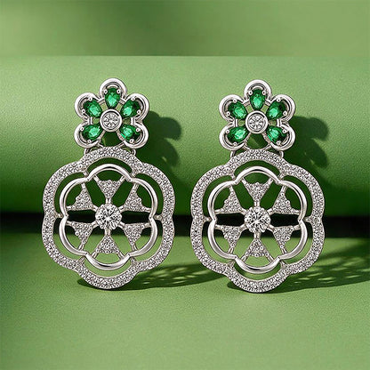 Emerald Green Floral Halo Drop Silver Earring