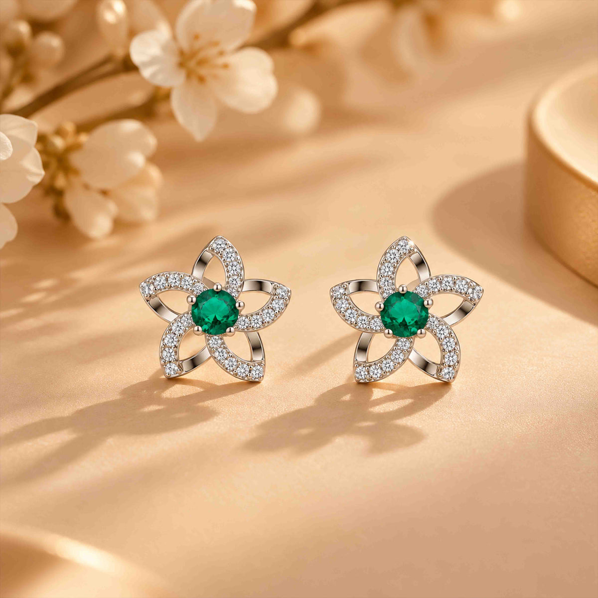 Emerald Green Flower Sterling Silver Earring