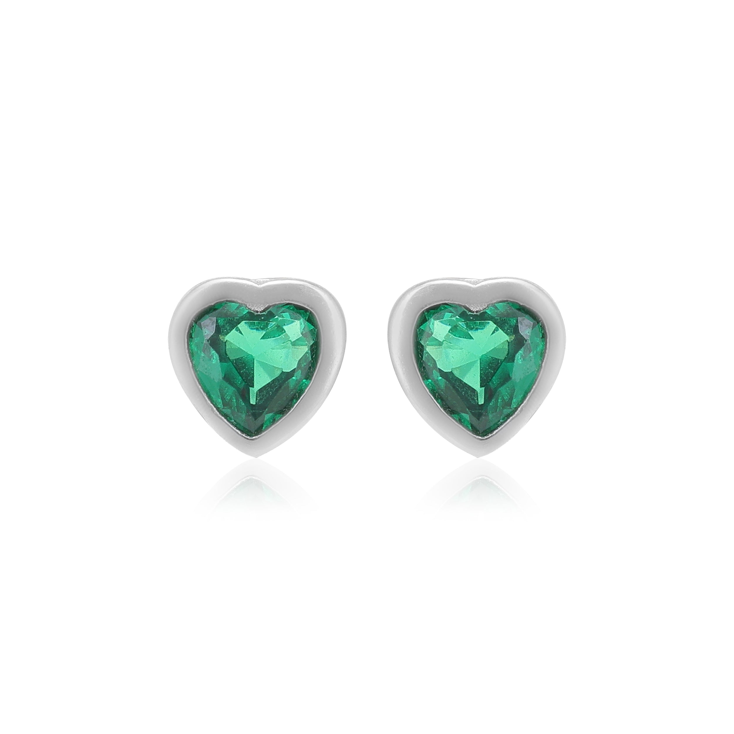 Emerald Green Heart Rhodium Plated Studs