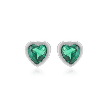 Emerald Green Heart Rhodium Plated Studs