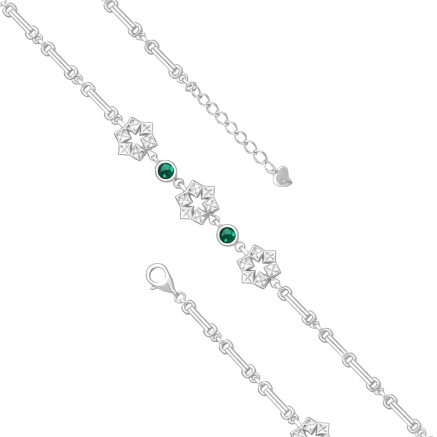 Silver bracelet with green gemstones on a white background