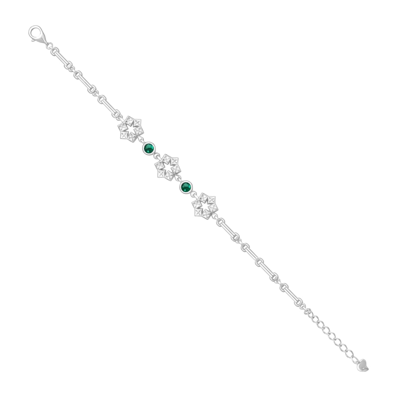 Silver bracelet with floral designs and green gemstones on a white background