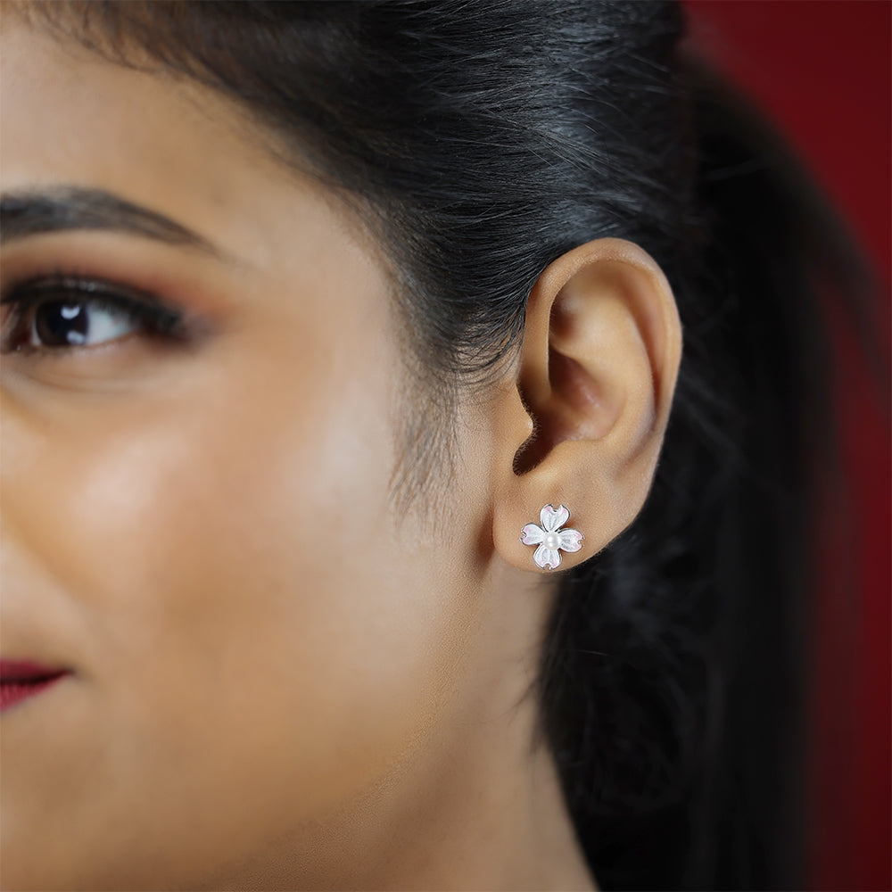Enamel Pink Bloom Flower with Pearl Silver Studs