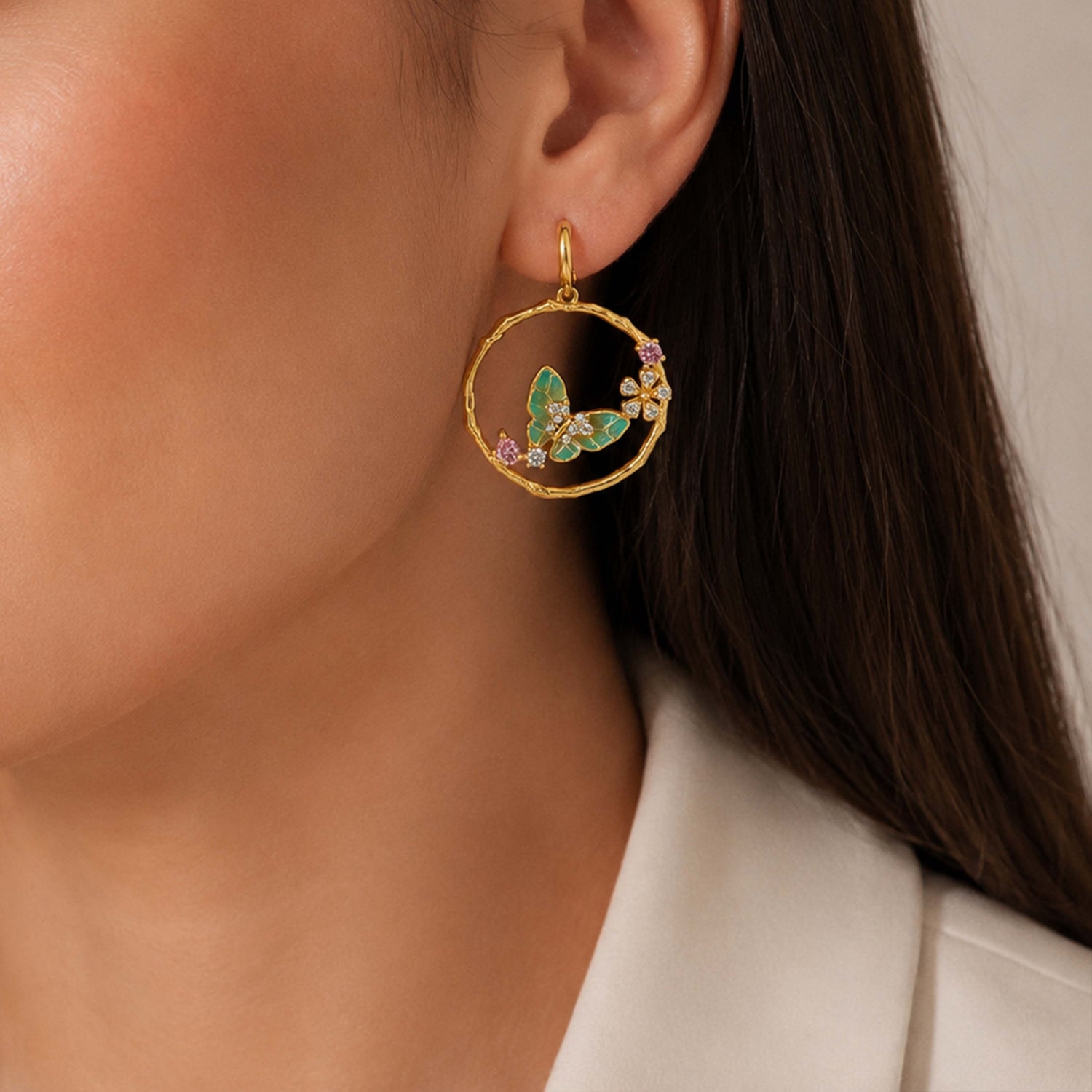 Enchanted Butterfly 925 Sterling Silver Floral Hoop Earrings