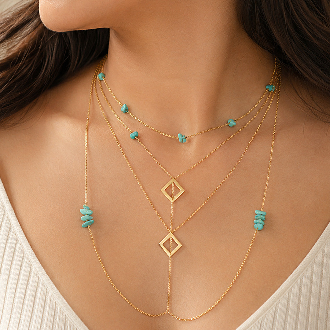 Enchanted Turquoise Cascade Golden Artistic Layered Pendant Chain