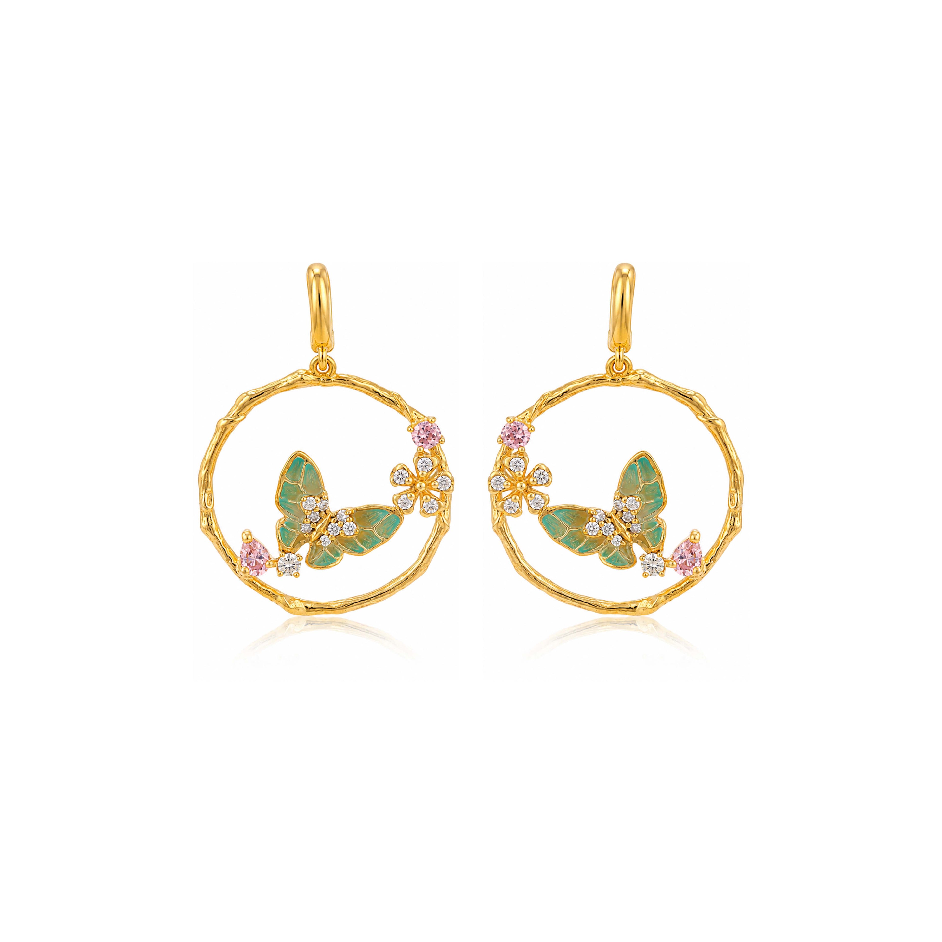 Enchanted Butterfly 925 Sterling Silver Floral Hoop Earrings
