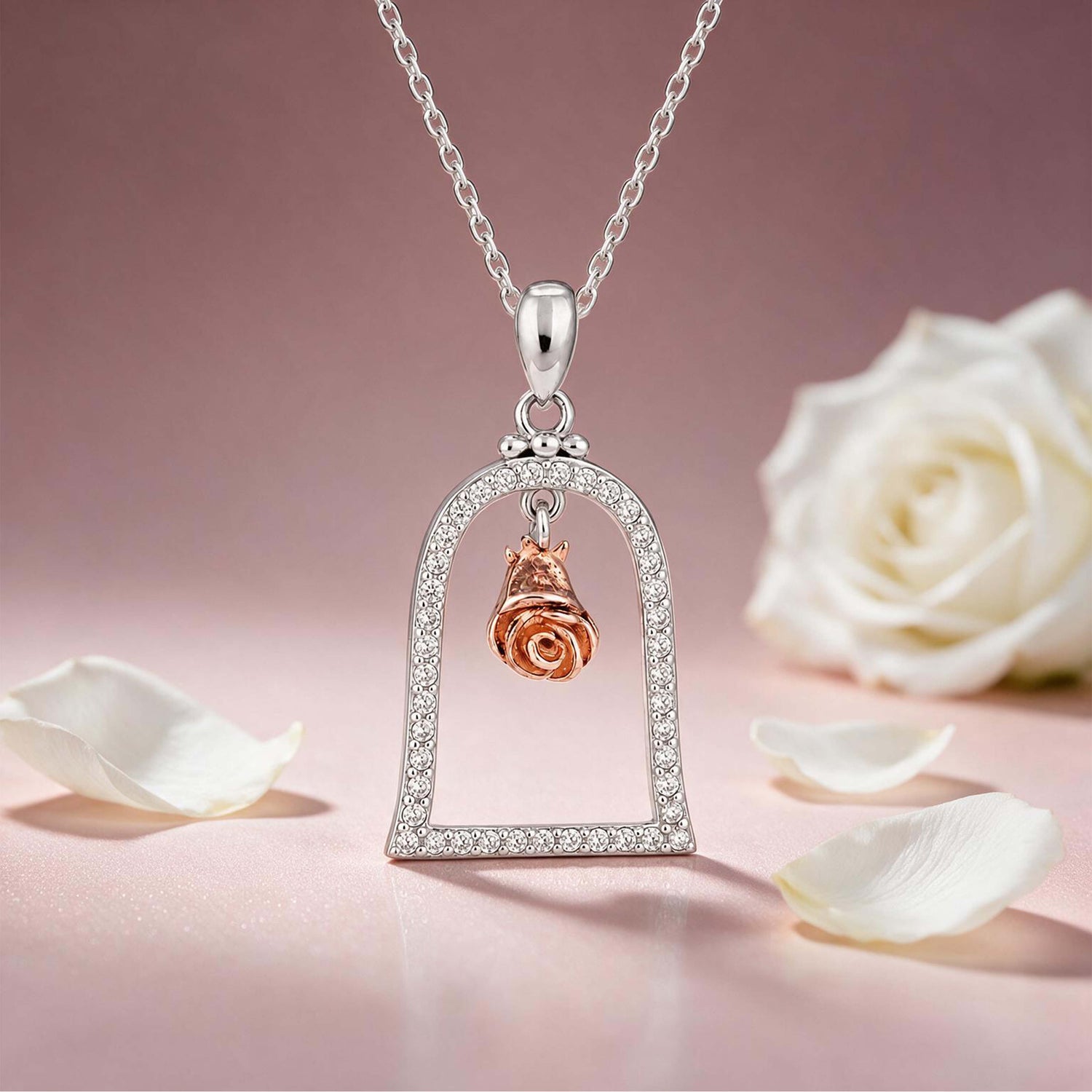 Enchanted Rose Bell Jar Silver Pendant