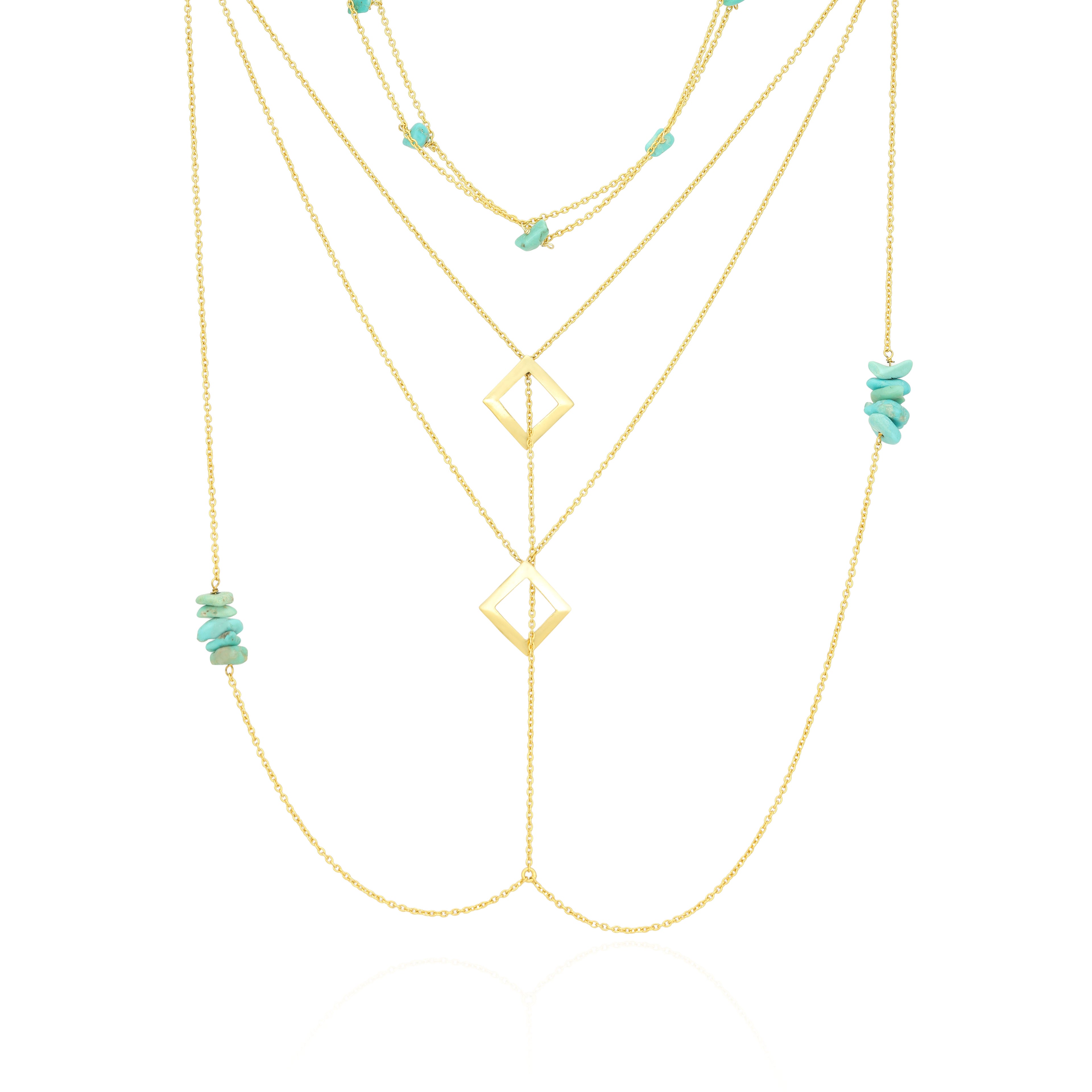 Enchanted Turquoise Cascade Golden Artistic Layered Pendant Chain
