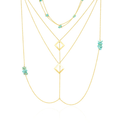Enchanted Turquoise Cascade Golden Artistic Layered Pendant Chain