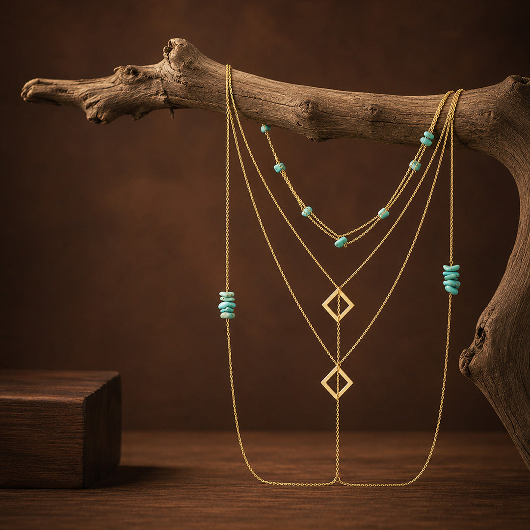 Enchanted Turquoise Cascade Golden Artistic Layered Pendant Chain