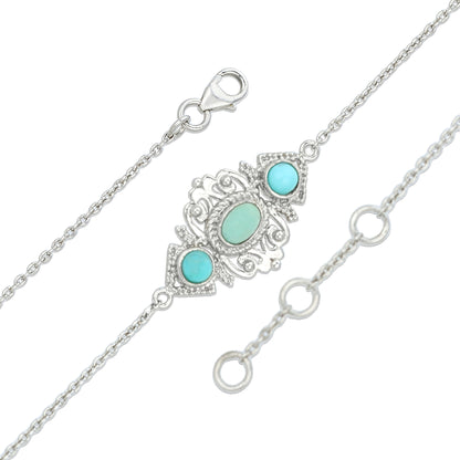 Enchanted Turquoise Medallion Silver Intricate Charm Chain Bracelet
