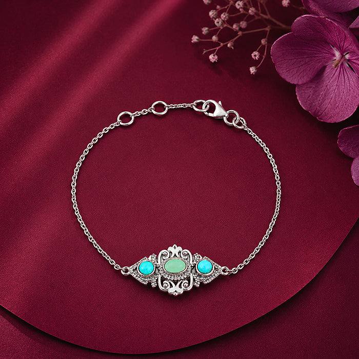Enchanted Turquoise Medallion Silver Intricate Charm Chain Bracelet