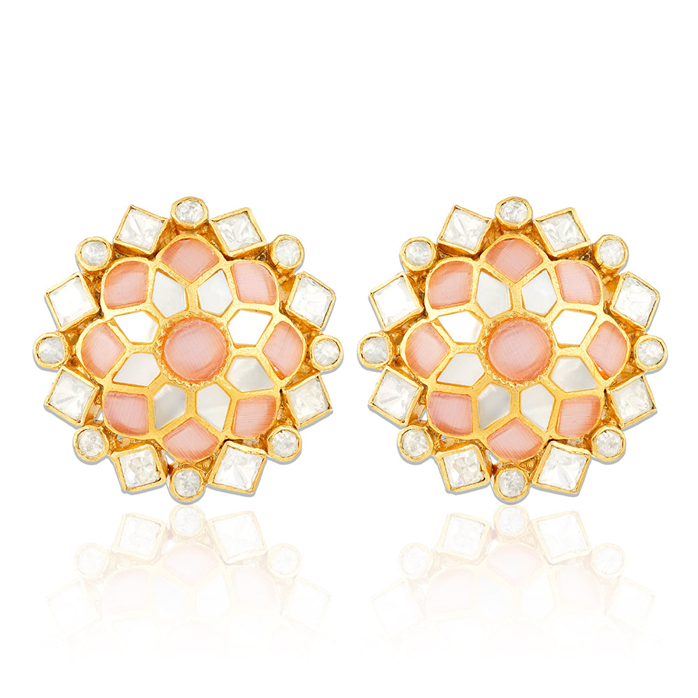 Enchanting Pink Kundan 925 Sterling Silver Stud Earrings