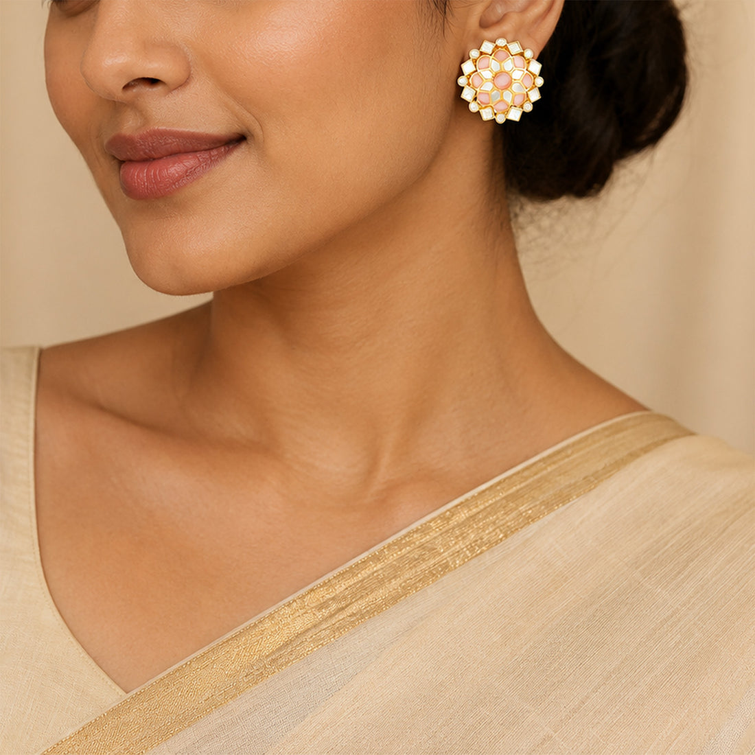 Enchanting Pink Kundan 925 Sterling Silver Stud Earrings