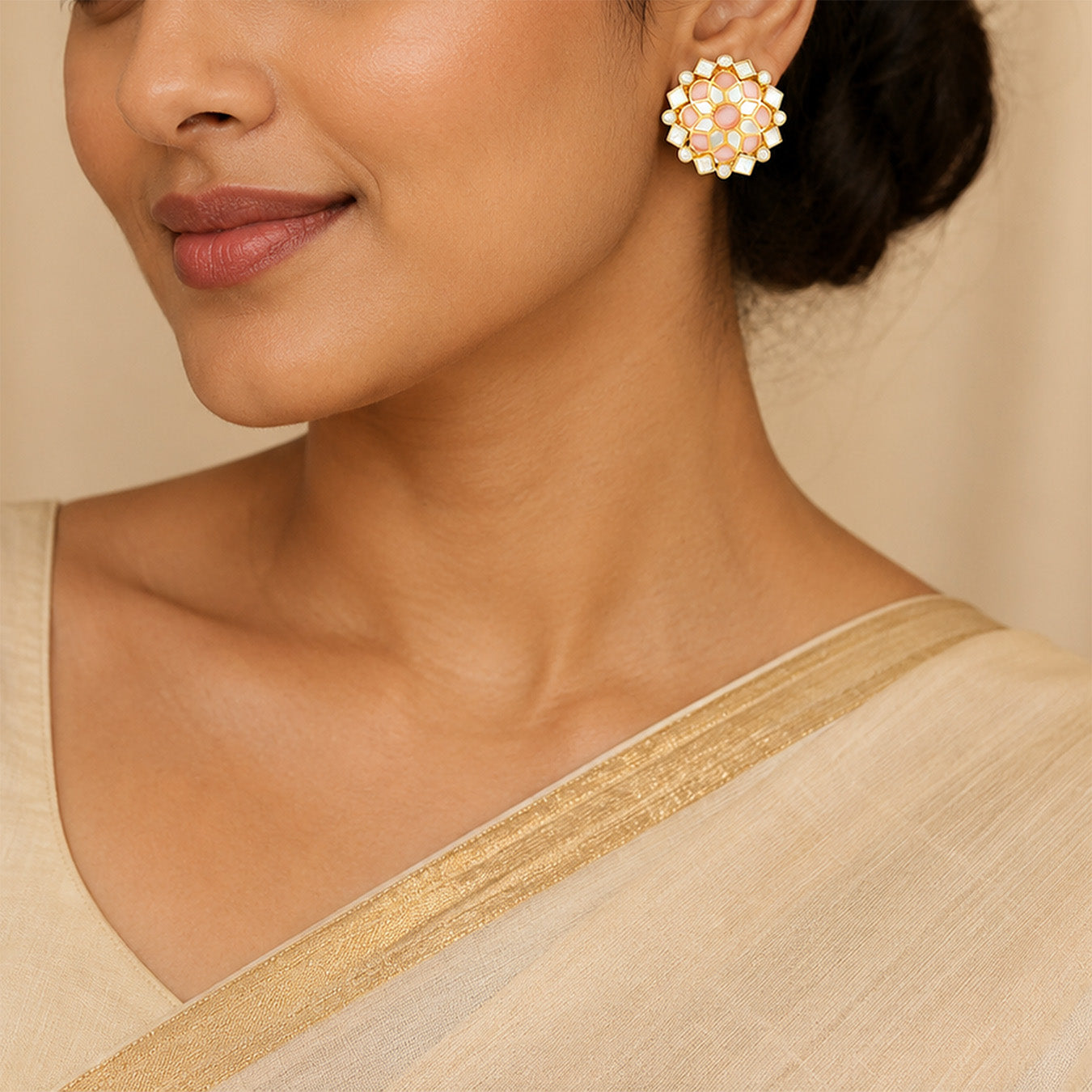 Enchanting Pink Kundan 925 Sterling Silver Stud Earrings