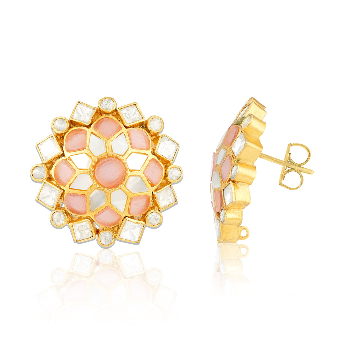 Enchanting Pink Kundan 925 Sterling Silver Stud Earrings