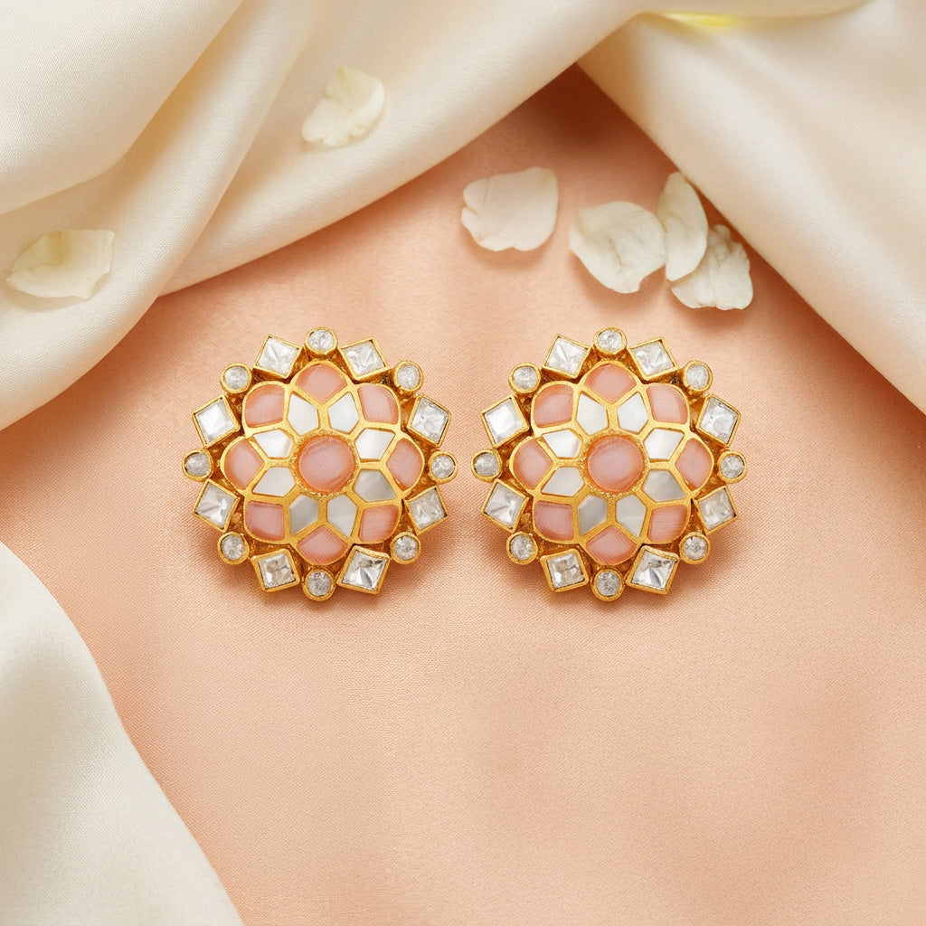 Enchanting Pink Kundan 925 Sterling Silver Stud Earrings