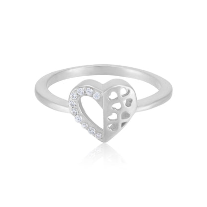 Engraved Heart Modif Rhodium Plated Sparkling Stone Rings